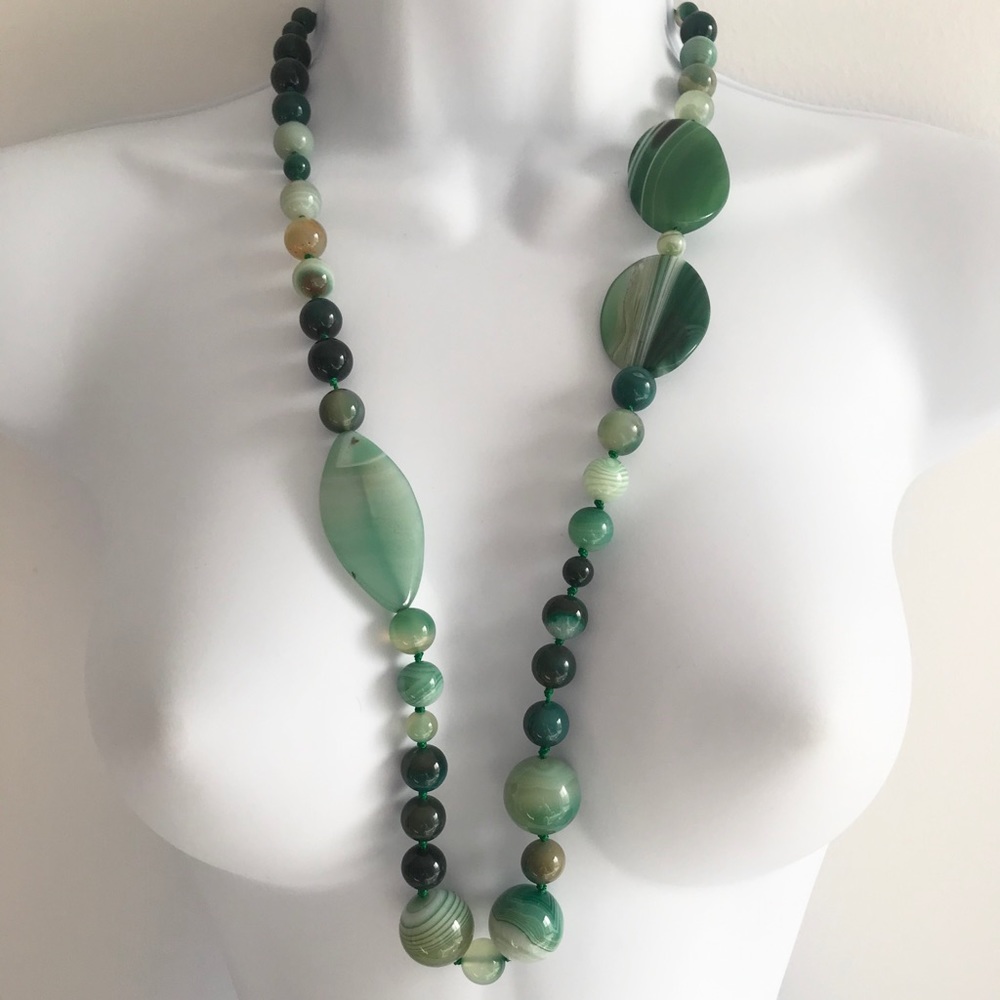 Sterling Silver 30” Green Agate Necklace